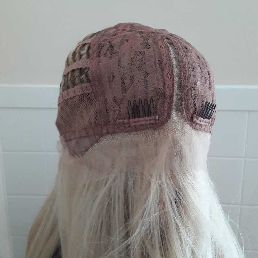 Blonde and ash blonde mix lace front wig straight  money piece hair highlights, - Picture 9 of 11